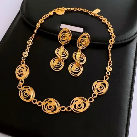 Roos Bloem Holle Spiraal Retro Franse Stijl Verguld Koperen Ketting En Oorbellen Met Zilveren Oorsteker