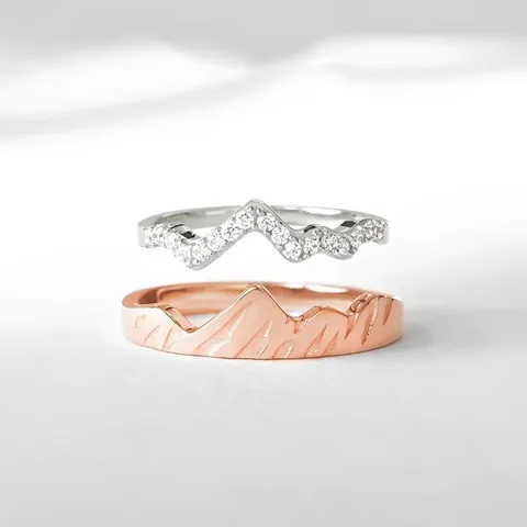 Ensemble de Bagues Sommet de Montagne en Cuivre pour Femmes Micro-incrusté de Strass Glacier Minimaliste Bagues Empilables Deux Pièces