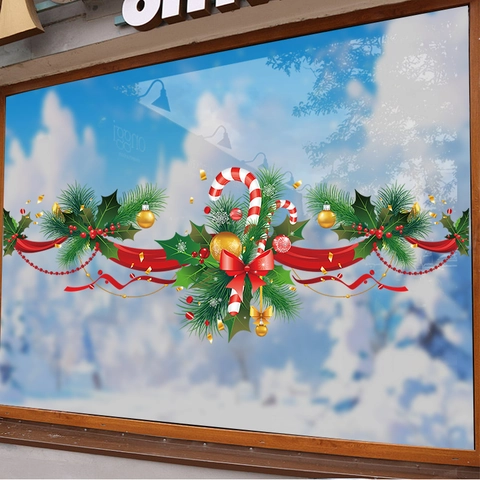 Christmas Candy Cane Window Stickers Static Cling PVC Double Sided UV Printed Holiday Home Shop Glass Decals Decorative