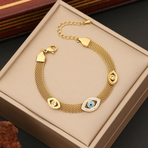 Stainless Steel Mesh Bracelet Women Personalized Evil Eye Butterfly Turquoise Roman Numerals Trendy Jewelry