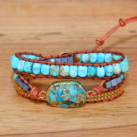 Multilayer Wrap Bracelet Turquoise Gemstone Leather Cord Beaded Woven Alloy Chain Vintage Bohemian Ethnic Style Unisex