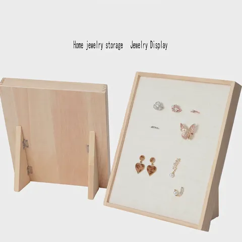 Pine Wood Jewelry Display Rack Multi-Slot Foldable Earring Ring Storage Stand Organizer Velvet Linen Showcase Holder