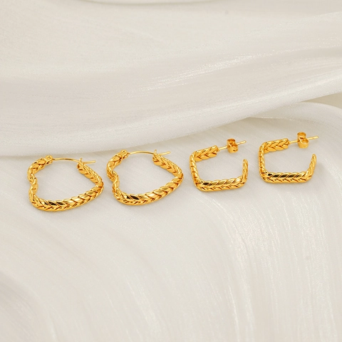 Braided Wheat Ear Hoop Earrings Stainless Steel 18K Gold Plated Heart Geometric Shape Vintage Luxury For Women