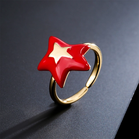 Anillo Abierto Estrella Chapado En Oro De 18K Cobre Esmalte Goteo Aceite Ajustable Colorido Irregular Doble Pentagrama Joyería