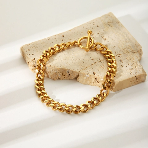 Bracciale Catena Cubana Acciaio Inossidabile Placcato Oro Chiusura A Gancio Minimalista Geometrico Stile INS Gioielli Donna