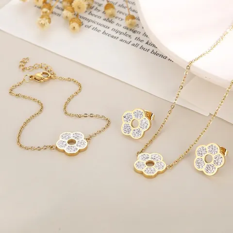 Stainless Steel Flower Jewelry Necklace Bracelet Stud Earrings Rhinestone Hollow Floral Pendant Elegant Gift For Women
