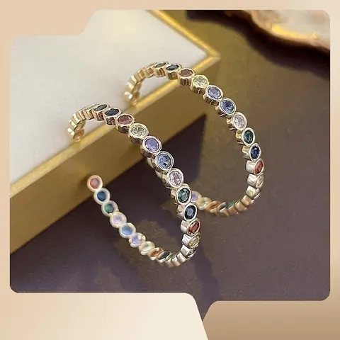 Geometric C Shaped Hoop Earrings With 925 Sterling Silver Earring Post Colorful Zircon Gold Plated Copper Elegant Jewelry
