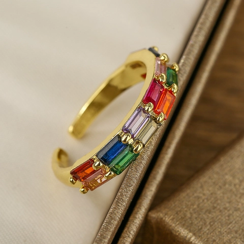 Exquisite Zircon Open Ring Copper Gold Plated Adjustable Colorful Baguette Cut Vintage Fashion Jewelry For Women