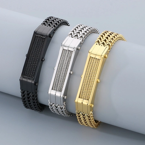 Men Bracelet Stainless Steel Braided Cable Wire Curved Plate Hip Hop Punk Style Jewelry Masculine Accessory