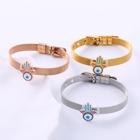 Pulsera De Malla Mano De Fátima Mal De Ojo Acero Inoxidable Diamantes De Imitación Joyería Ajustable Para Mujeres