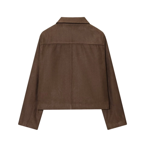 Veste Courte En Suède Pour Femmes Revers Simple Boutonnage Manches Longues Décontracté Vintage Mode Manteau Avec Poches
