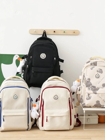 Casual Backpack Schoolbag Students Teens Large Capacity Oxford Cloth Contrast Color Smiley Patch Duck Charm Minimalist