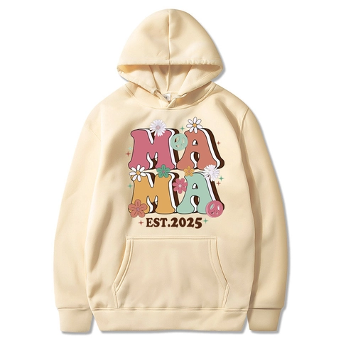 Felpa Con Cappuccio Mama Est 2025 Coquette Stampa Floreale Vintage Poliestere Pullover Tasca A Marsupio Regalo Festa Della Mamma