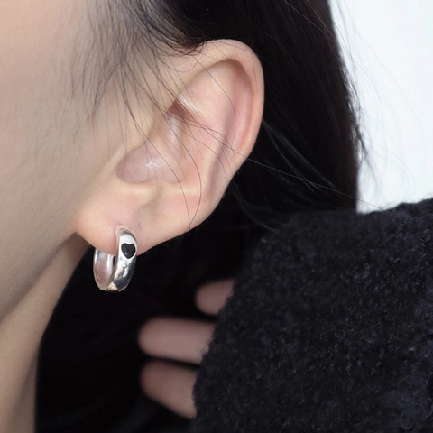 Minimalist Copper Black Heart Enamel Hoop Earrings With 925 Sterling Silver Earring Post Vintage Drip Glaze Small Ear Buckle For Women Fashion Jewelry