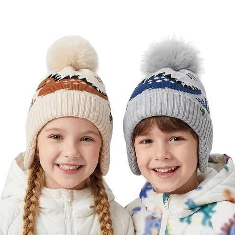 Kids Knitted Beanie Hat Dinosaur Jacquard Fleece Lined Winter Warm Ear Flaps Pom Pom For Boys Girls Cozy Soft