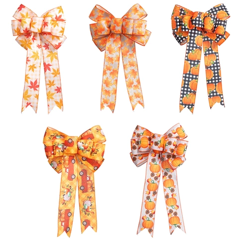Autumn Decorative Bow Fabric Linen Maple Leaf Pumpkin Pattern Harvest Festival Thanksgiving Home Party Decoration Multilayer Ornament