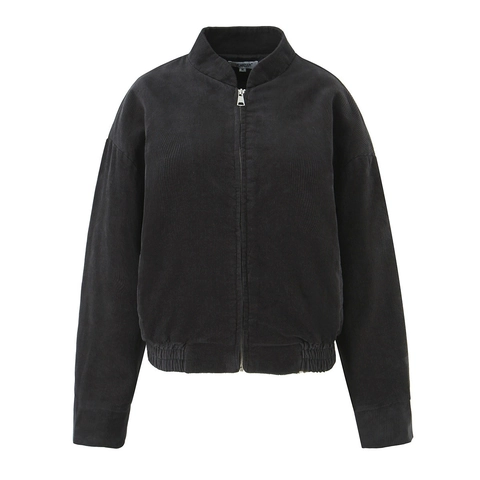 Corduroy Jacket Women Zip Up Stand Collar Solid Black Casual Fashion Short Coat Long Sleeve Outerwear Top