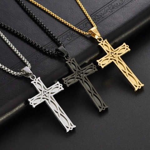 Cross Pendant Necklace Titanium Steel Irish Knot Hollow Out Celtic Religious Jewelry For Men