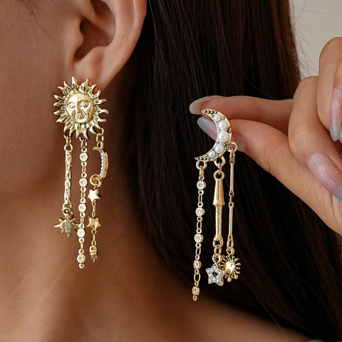 Pendientes Asimétricos Sol Luna Estrella Aleación Con Perla Artificial Imitación Y Poste De Plata 925 Estilo Celestial Vintage