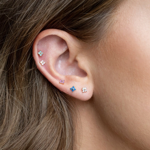 Minimalist Brass Flower Stud Earrings With Stainless Steel Earring Post Cubic Zirconia Opal Look Piercing Jewelry For Women