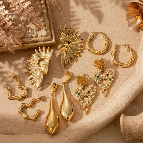Böhmische Edelstahl Vergoldete Ohrringe Herz Wassertropfen Sonnengöttin Porträt Vintage Mode Schmuck Frauen Bunter Zirkon