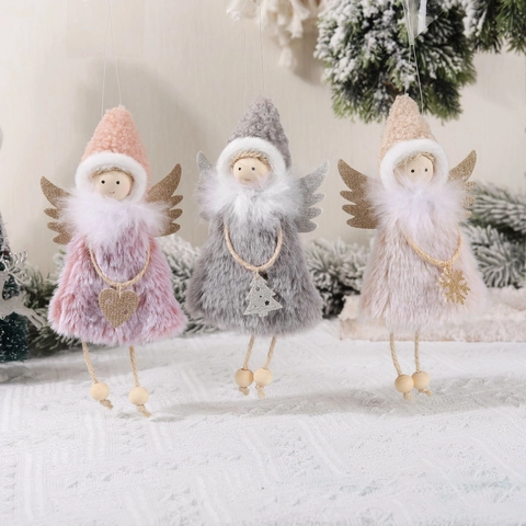 Weihnachtsengel Hängeornament Plüsch Holzperlen Pailletten Flügel Deko Für Festlichen Baum Heimurlaub Party Dekor