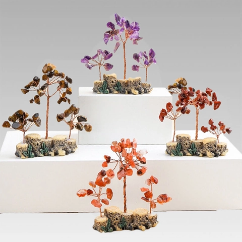 Natuurlijk Kristal Steen Geldboom Koperdraad Omwikkeld Harsbasis Huis Kantoor Bureau Decor Feng Shui Geluk Bonsai Ornament