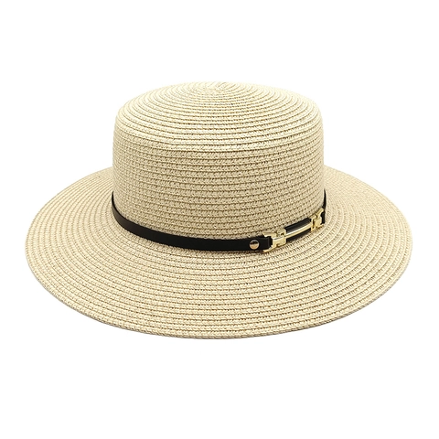 French Retro Boater Hat Women Summer Wide Brim Straw Sun Hat With Faux Leather Band And Gold Metal Buckle Breathable Beach