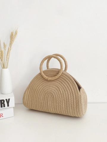 Borsa Tessuta Da Donna Corda Di Cotone Semicerchio Guscio Tote Bag Manico Tondo Bohemian Spiaggia Vacanze Pendolare Minimal