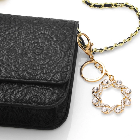 Fashion Gold Alloy Pave Rhinestone Keychain Bag Charm Geometric Sunflower Hollow Spiral Oval Handbag Decoration Gift