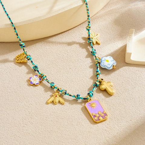 Bohemian Bunte Geflochtene Seilkette Edelstahl Vergoldet Emaille Schmetterling Biene Kreuz Sonne Anhänger Für Damen