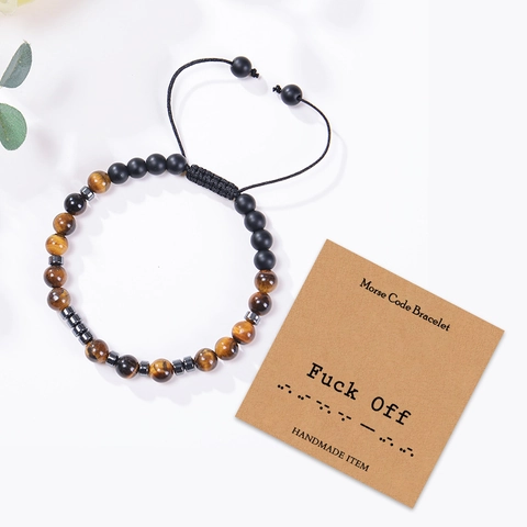 Morse Code Beaded Bracelet With Tiger Eye And Matte Stone Handmade Adjustable Braided Rope Jewelry Inspirational Gift