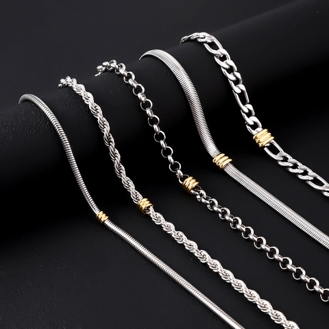 Stainless Steel Chain Bracelet Necklace For Men Unisex Two Tone Polished Gold Bead Decor Cuban Figaro Snake Bone Hip Hop