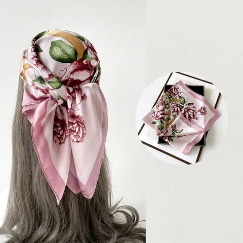 Eleganter Quadratischer Satinnschal Mit Blumendruck Satin KunstSatin Kopftuch Bandana Für Damen Dünnes Weiches Haarband
