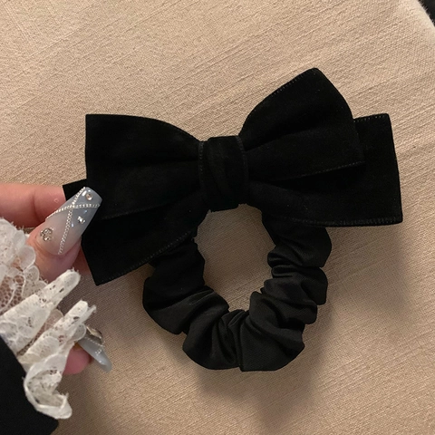 Choucou En Velours Noir Avec Nœud Style Français Vintage Élastique Élégant Support De Queue De Cheval