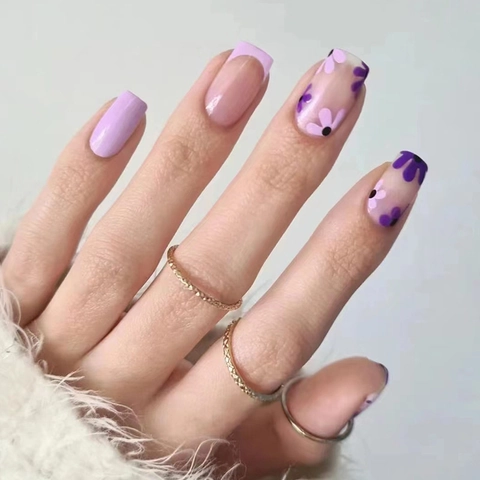 Purple Flower French Style Press On Nails Long Square ABS Resin Artificial Fake Nails For Women Simple Elegant