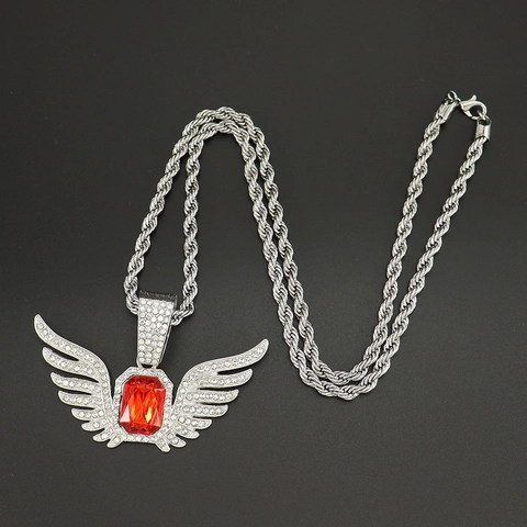 Collana Con Pendente Ali D'angelo Hip Hop Lega Rhinestone Iced Out Pietra Rossa Rettangolare Gioielli Alla Moda