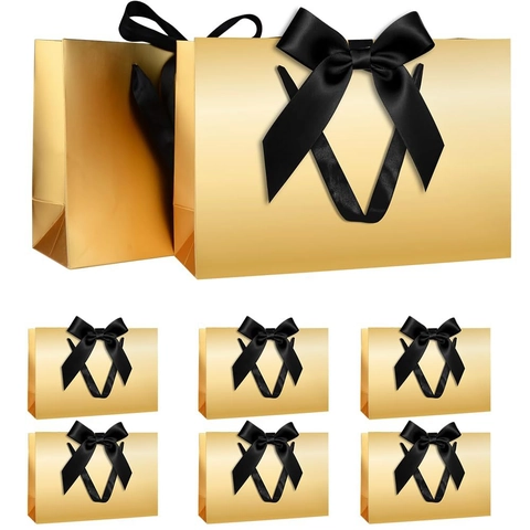 Paper Gift Bags With Ribbon Bow Handles Kraft Cardboard Handbags For Wedding Birthday Anniversary Party High-End Metallic Colors