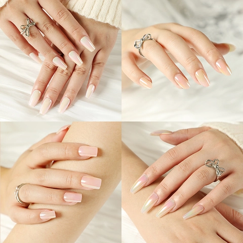 Press On Nails Aurora Pearlescent Iridescent Gradient Color False Nails Full Cover Artificial Fingernails For Women Elegant Manicure Decor