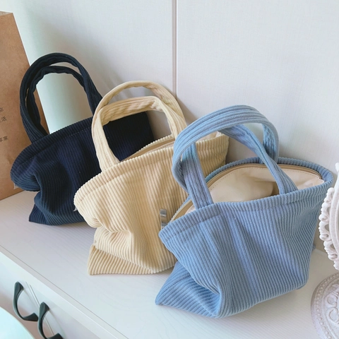 Corduroy Mini Handbag Simple Solid Color Retro Tote For Women Daily Commute Phone Makeup Storage Zipper Closure Soft