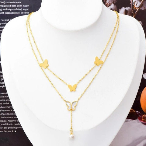 Elegante Collana a Doppio Strato con Pendente a Farfalla e Conchiglia per Donna Oro Acciaio Inossidabile Perla Artificiale