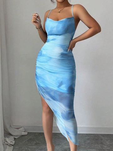 Blau Marmor Print Mesh Camisole Midi Kleid Geraffte Seite Asymmetrischer Saum Kreuzrücken Bodycon Sexy Für Damen