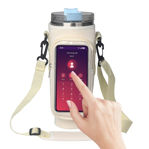 Water Bottle Carrier Bag Neoprene Sleeve With Touch Screen Phone Pocket Adjustable Shoulder Strap For Outdoor Travel