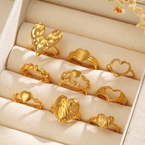 Heart Shaped Ring Stainless Steel Gold Plated Adjustable Open Band INS Style Jewelry For Women