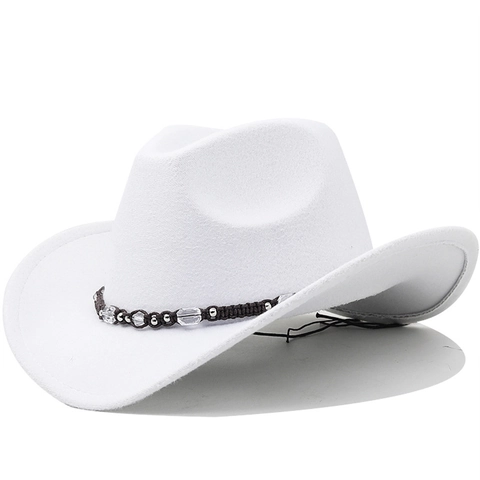 Cappello Da Cowboy Occidentale Tesa Larga Feltro Fedora Jazz Con Fascia Di Perline Intrecciate Stile Etnico Per Uomo Donna All'aperto