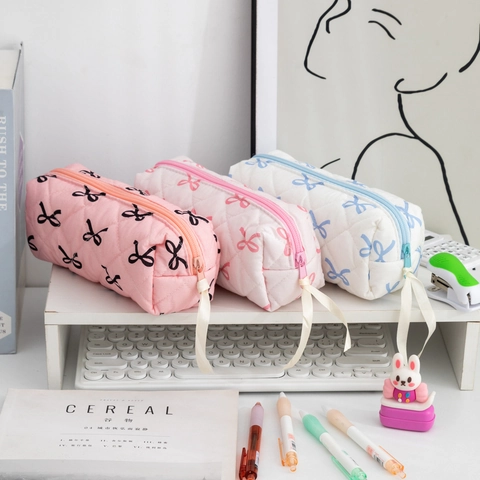 Large Capacity Pencil Case Quilted Cloth Bowknot Print Zipper Stationery Pouch Desktop Organizer Aesthetic INS Style Girls