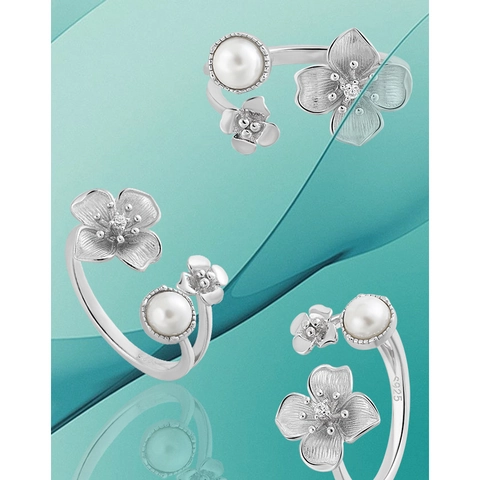 S925 Sterling Silver Flower Open Ring For Women Elegant Korean Style Zirconia Artificial Pearl Adjustable Finger Ring