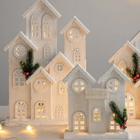 Christmas Wooden Luminous House Street Lamp Ornaments Artificial Snow LED Light Winter Scene Micro Landscape Desktop Decor