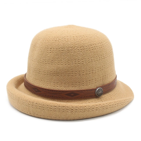 Women Vintage Rolled Edge Bowler Hat Bell Shaped Cotton Polyester Blend With Leather Band Metal Badge Retro Elegant