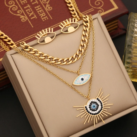 Evil Eye Jewelry Stainless Steel Triple Layered Necklace Bracelet Earrings Ring Gold Plated Rhinestone Trendy Women